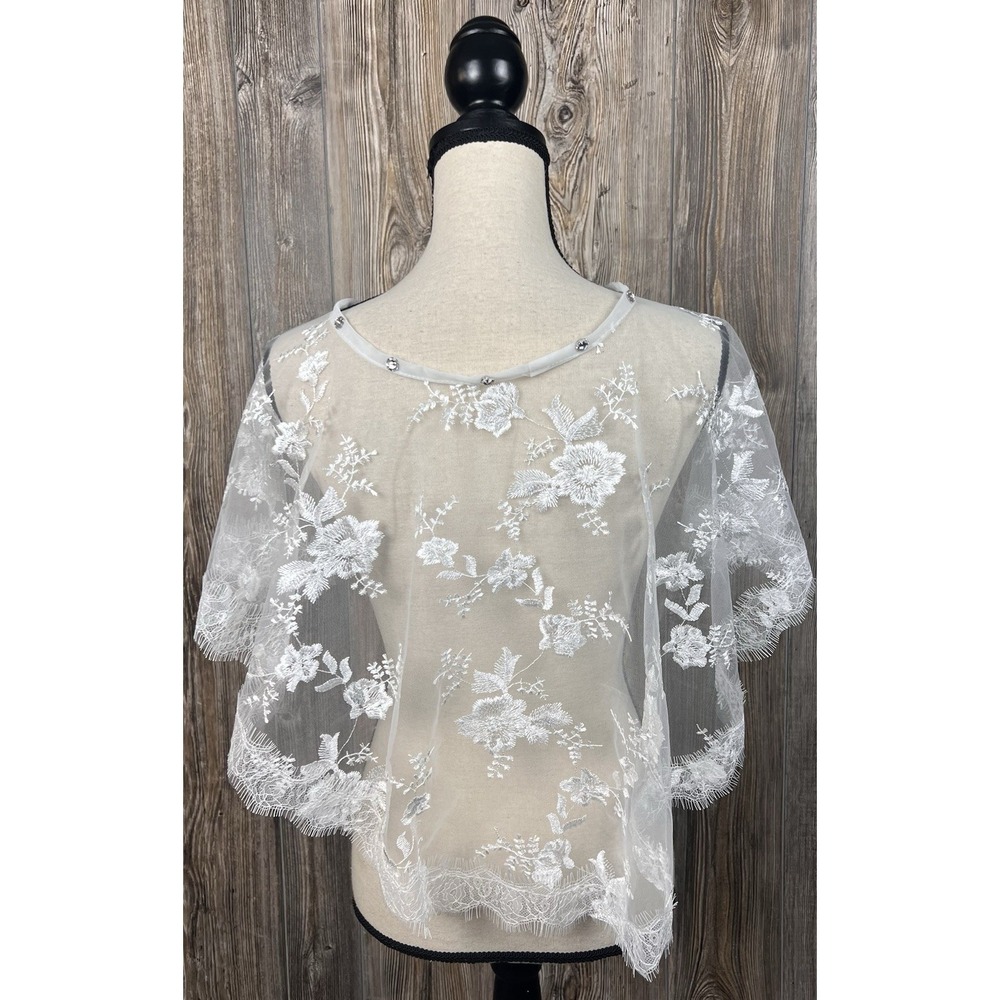 Bridal Sheer Mesh Embroidery Lace Asymmetric Shawl Cape Wedding Prom Party - Picture 6 of 7